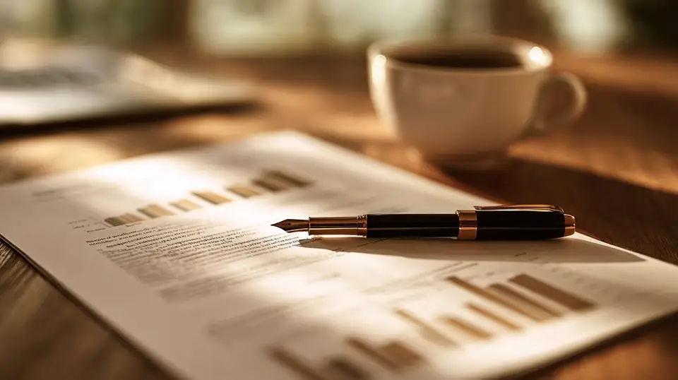A printed business report with bar charts, a fountain pen and a cup of coffee on a desk